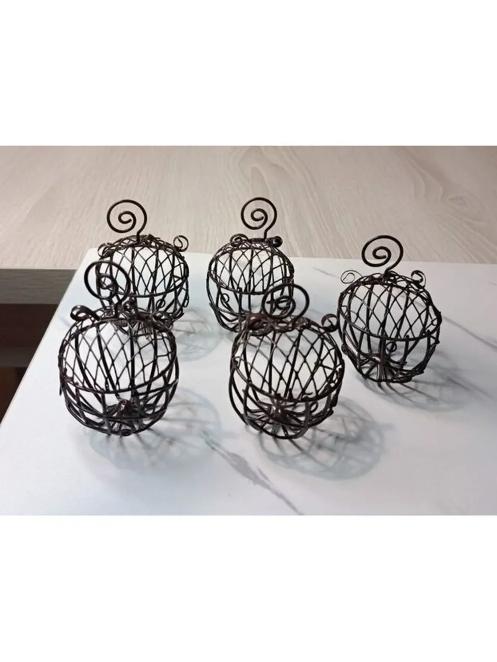 Set of 5 Fall Rustic Brown Metal Wire Cage Pumpkin Place Card Holders